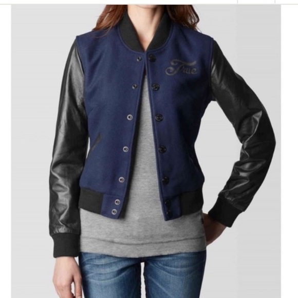 True Religion Richie Varsity Letterman Bomber Jacket Women's M | Black & Blue - Picture 1 of 16